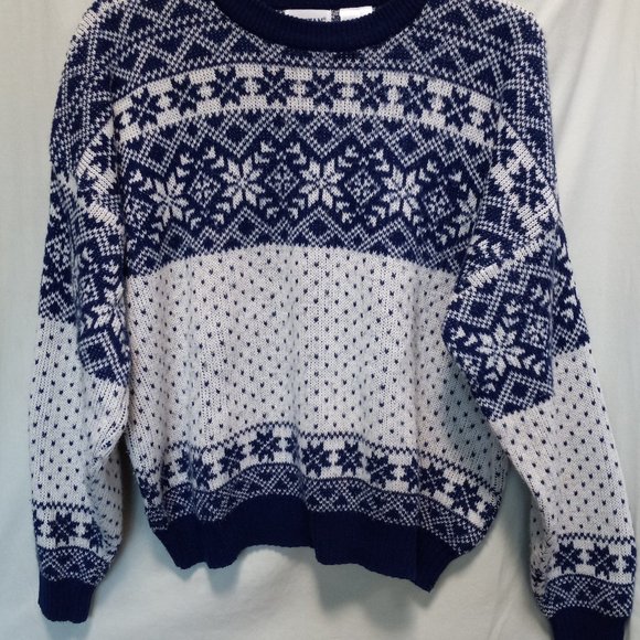 Vintage Men's Blue White Nordic Fair Isle Winter Knit Sweater  LG (T-346) - Picture 2 of 11